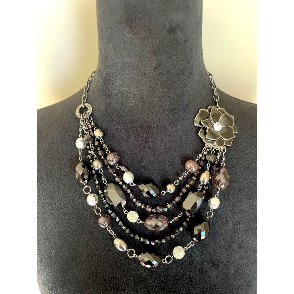 Black & Silver Sparkly Beaded Multi Layered Chunky Whimsigoth Necklace - Picture 2 of 3